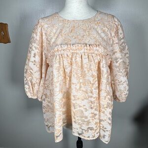 Stine Goya Pink Emmeline Organza Lace Embroidered Babydoll Puff Sleeve Top Sz M